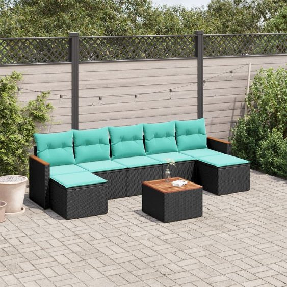 7-teiliges Gartensofa-Set mit Kissen, schwarzes Polyrattan