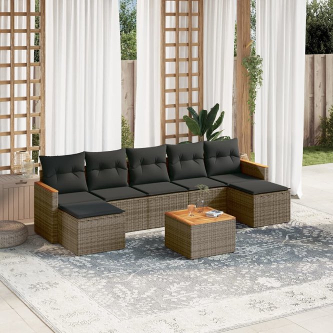 7-tlg. Garten-Sofagarnitur mit Kissen Schwarz Poly Rattan