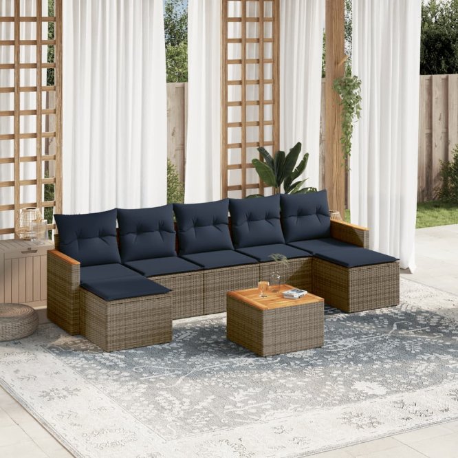 7-teiliges Gartensofa-Set mit Kissen, schwarzes Polyrattan