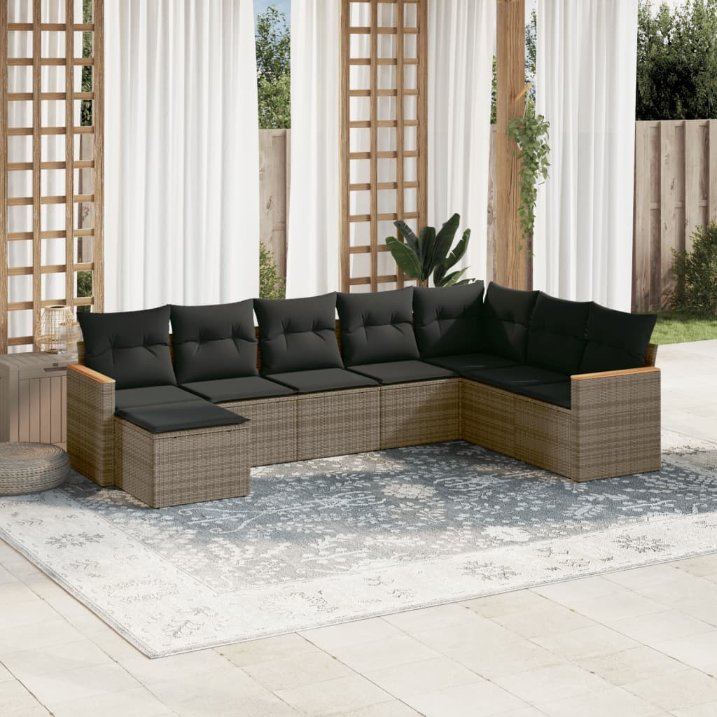 8-tlg. Garten-Sofagarnitur mit Kissen Schwarz Poly Rattan