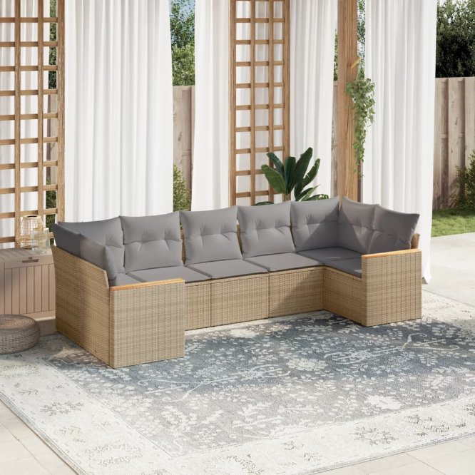 7-tlg. Garten-Sofagarnitur mit Kissen Schwarz Poly Rattan