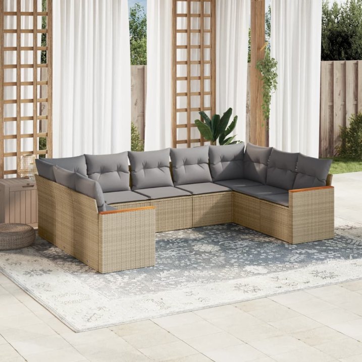9-tlg. Garten-Sofagarnitur mit Kissen Schwarz Poly Rattan