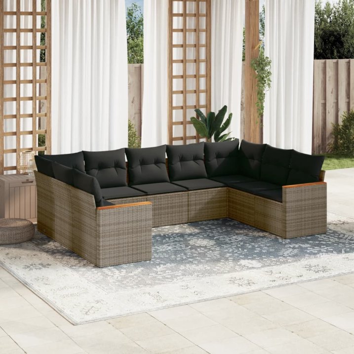 9-tlg. Garten-Sofagarnitur mit Kissen Schwarz Poly Rattan