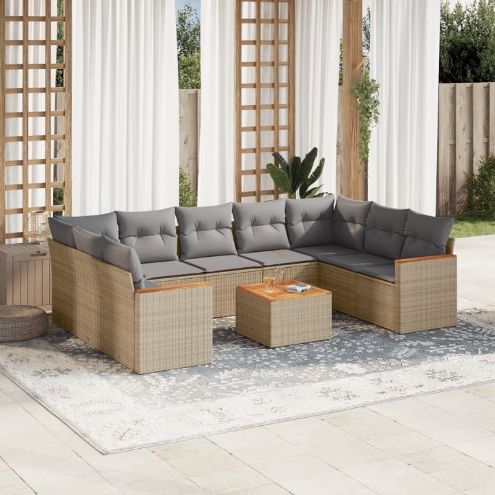 9-tlg. Garten-Sofagarnitur mit Kissen Schwarz Poly Rattan