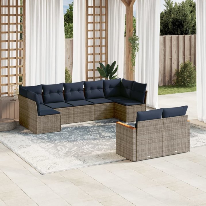 9-teiliges Gartensofa-Set mit Kissen, schwarzes Polyrattan