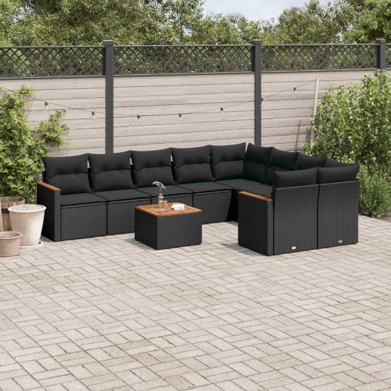 9-tlg. Garten-Sofagarnitur mit Kissen Schwarz Poly Rattan