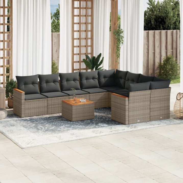 9-tlg. Garten-Sofagarnitur mit Kissen Schwarz Poly Rattan
