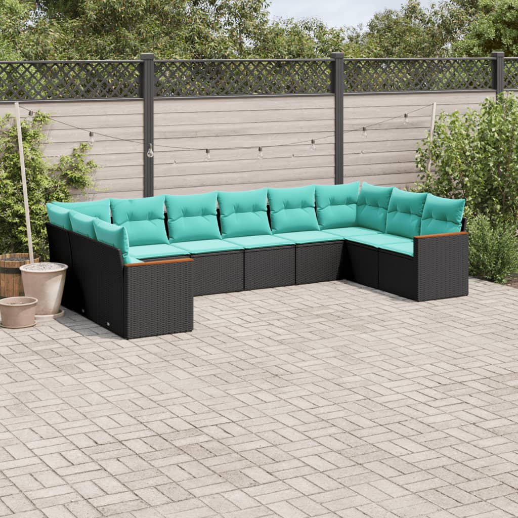vidaXL 10-teiliges Gartensofa-Set mit Kissen, schwarzes Polyrattan