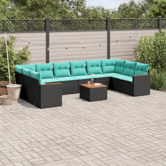 vidaXL 10-teiliges Gartensofa-Set mit Kissen, schwarzes Polyrattan