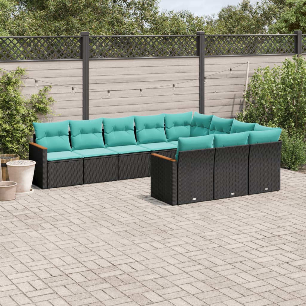 vidaXL 10-teiliges Gartensofa-Set mit Kissen, schwarzes Polyrattan