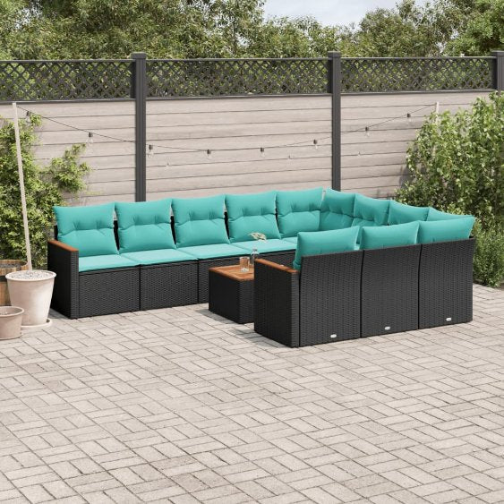 vidaXL 10-teiliges Gartensofa-Set mit Kissen, schwarzes Polyrattan
