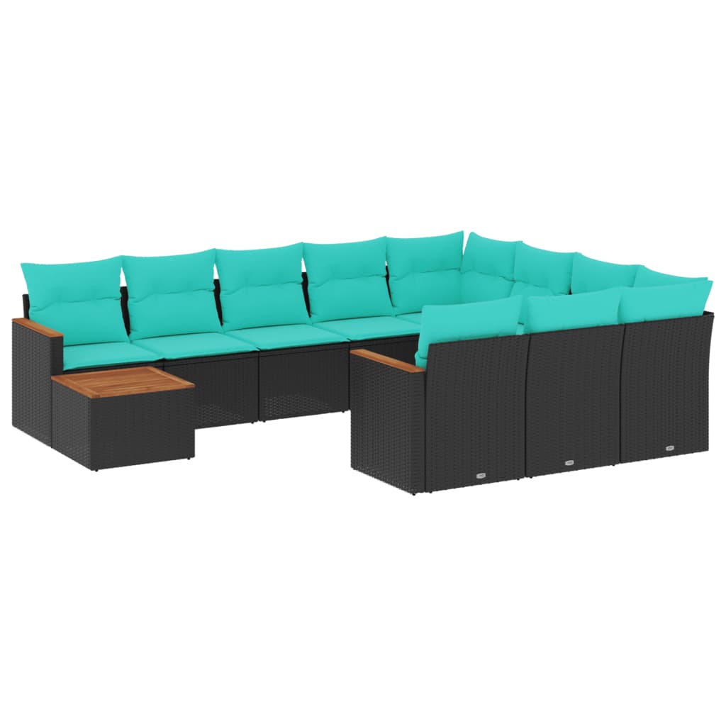 vidaXL 11-teiliges Gartensofa-Set mit Kissen, schwarzes Polyrattan