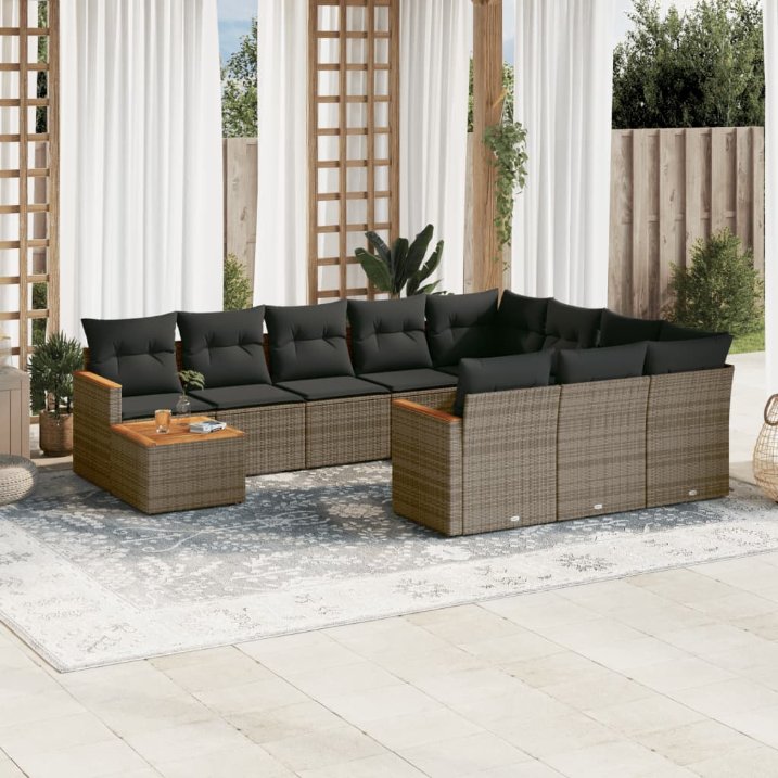 11-tlg. Garten-Sofagarnitur mit Kissen Schwarz Poly Rattan