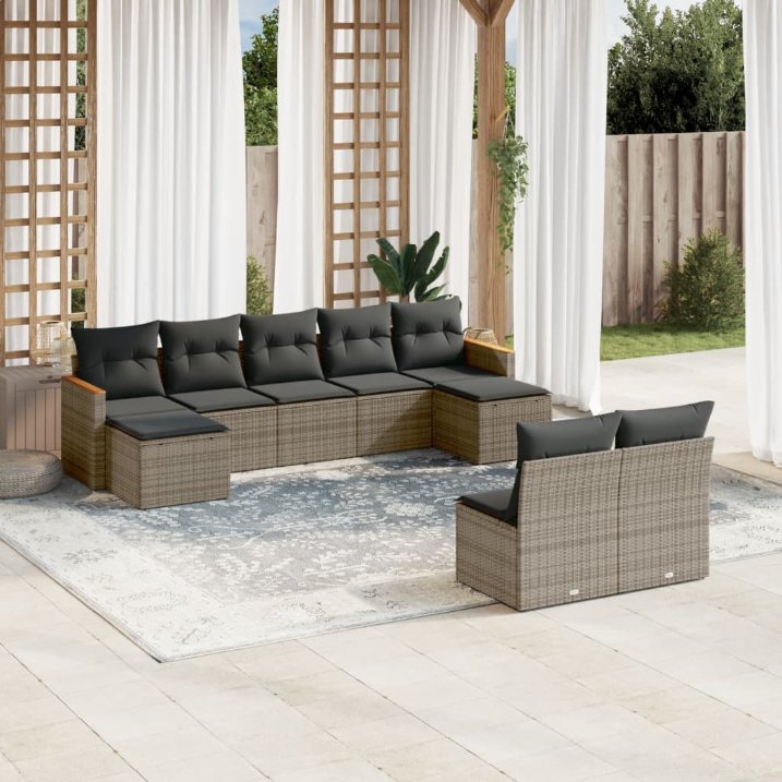 9-tlg. Garten-Sofagarnitur mit Kissen Schwarz Poly Rattan