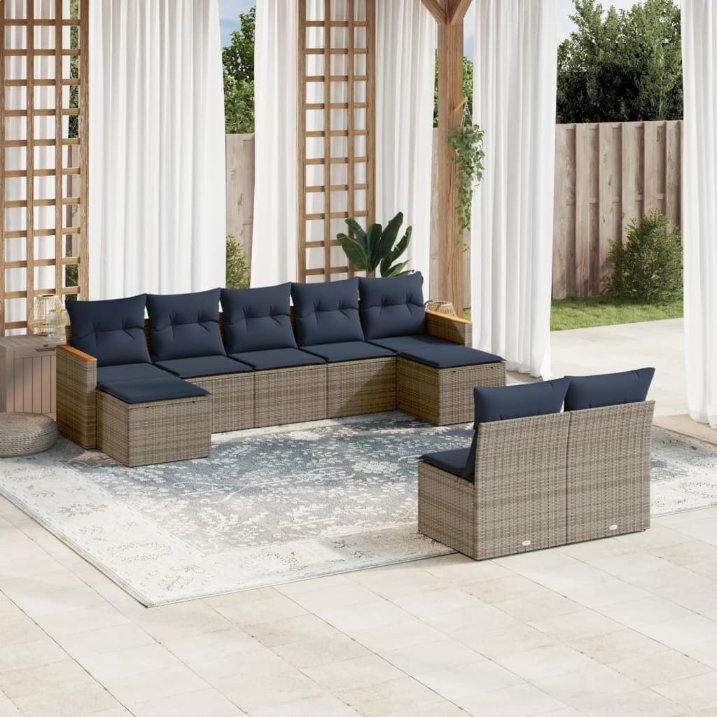 9-teiliges Gartensofa-Set mit Kissen, schwarzes Polyrattan