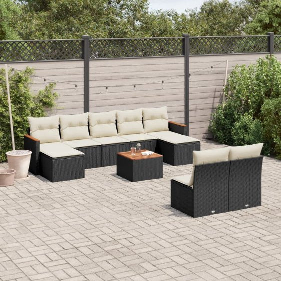 9-tlg. Garten-Sofagarnitur mit Kissen Schwarz Poly Rattan