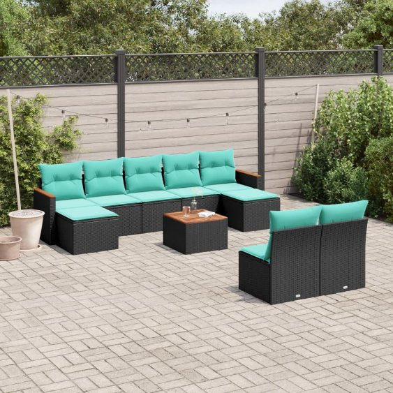 9-teiliges Gartensofa-Set mit Kissen, schwarzes Polyrattan