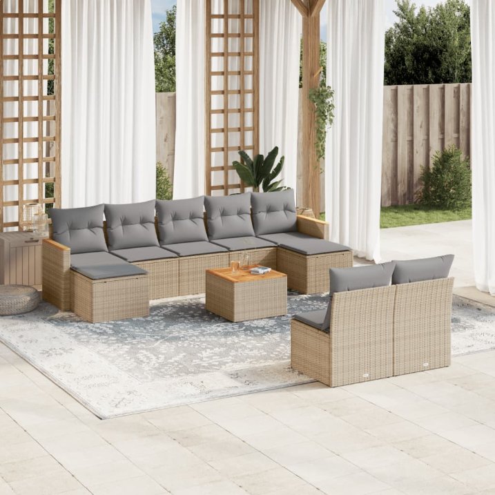 9-tlg. Garten-Sofagarnitur mit Kissen Schwarz Poly Rattan