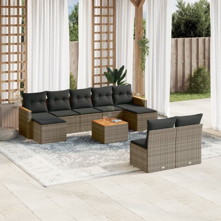 9-tlg. Garten-Sofagarnitur mit Kissen Schwarz Poly Rattan