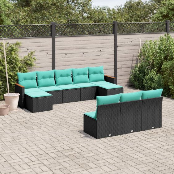 vidaXL 10-teiliges Gartensofa-Set mit Kissen, schwarzes Polyrattan
