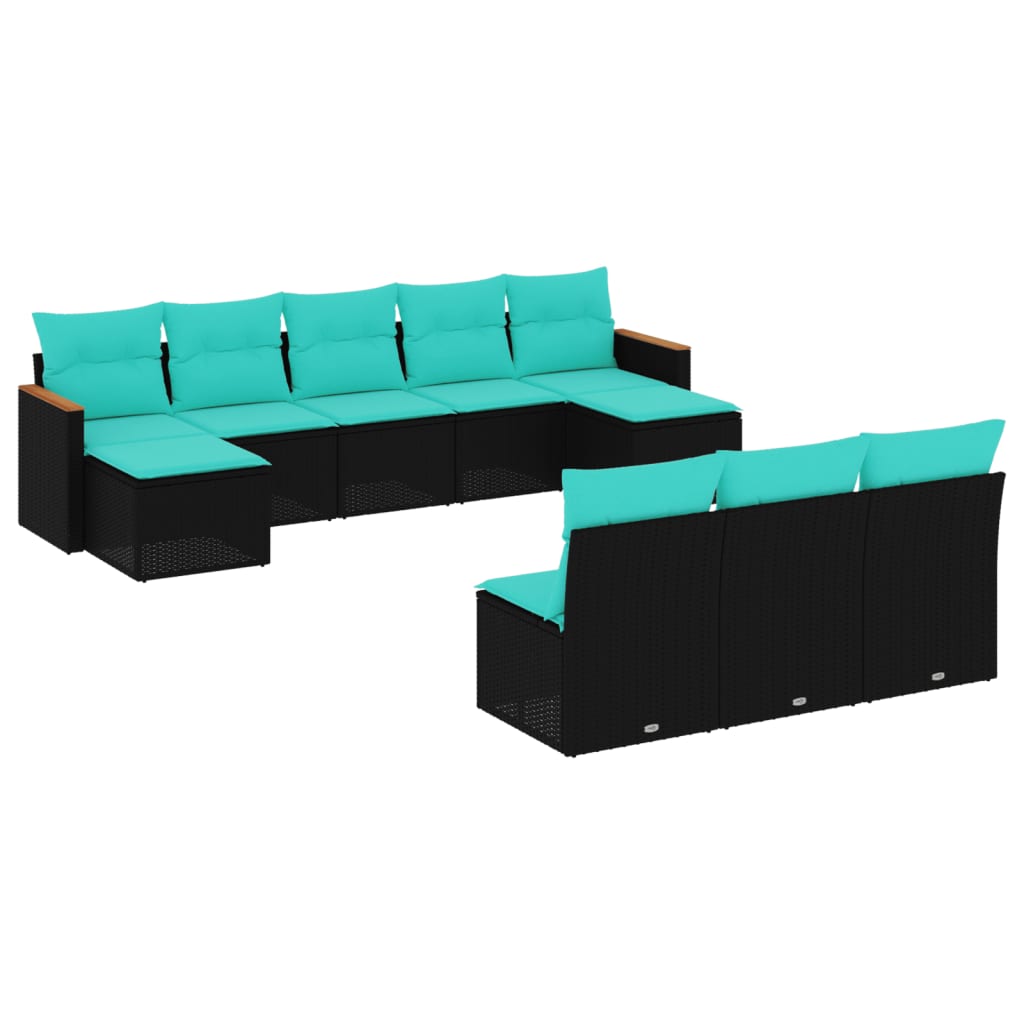 vidaXL 10-teiliges Gartensofa-Set mit Kissen, schwarzes Polyrattan