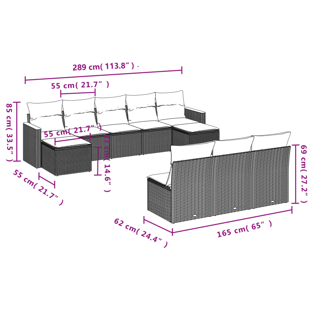 vidaXL 10-teiliges Gartensofa-Set mit Kissen, schwarzes Polyrattan