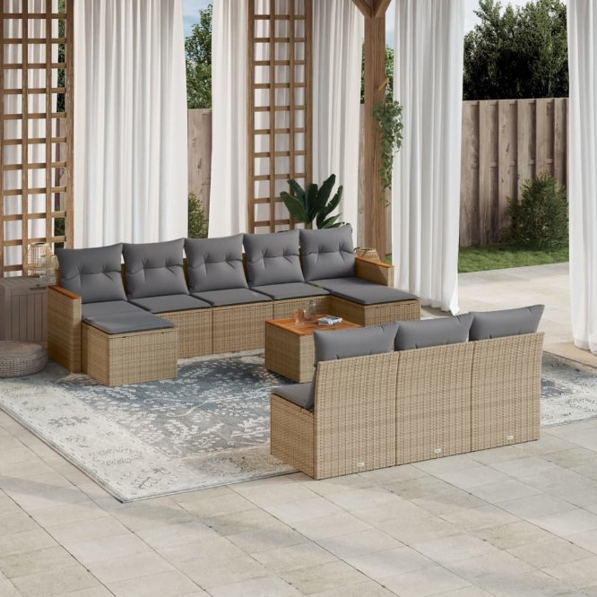 vidaXL 10-tlg. Garten-Sofagarnitur mit Kissen Schwarz Poly Rattan