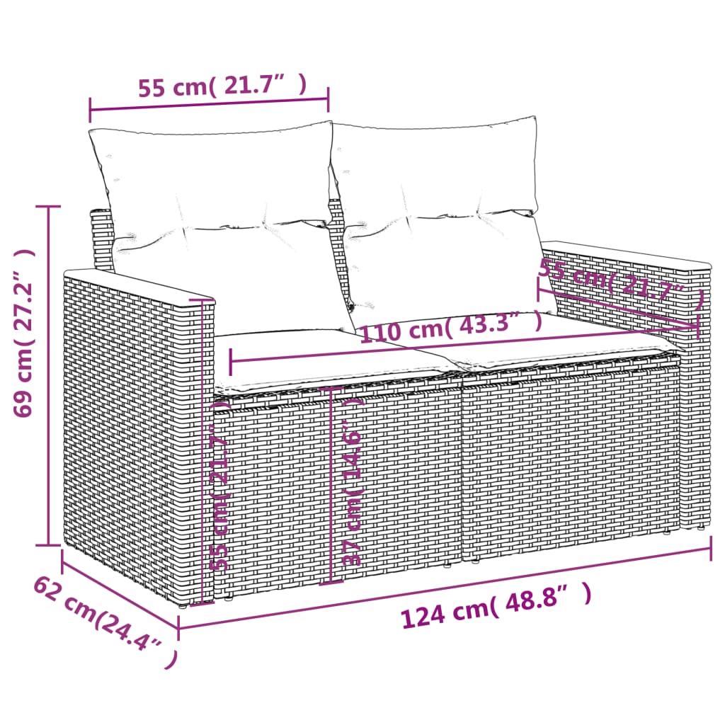 9-teiliges Gartensofa-Set mit Kissen, schwarzes Polyrattan