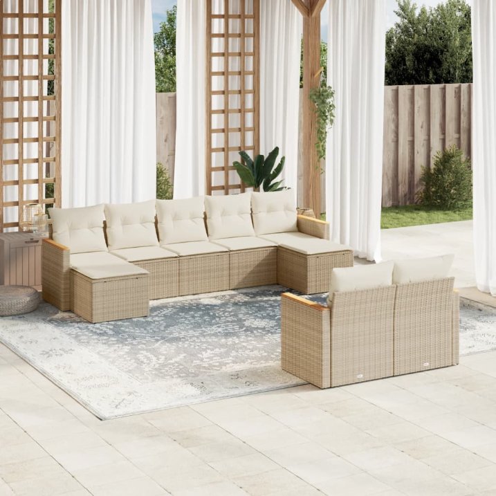 9-tlg. Garten-Sofagarnitur mit Kissen Schwarz Poly Rattan