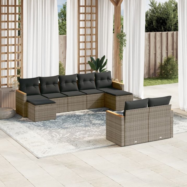 9-tlg. Garten-Sofagarnitur mit Kissen Schwarz Poly Rattan