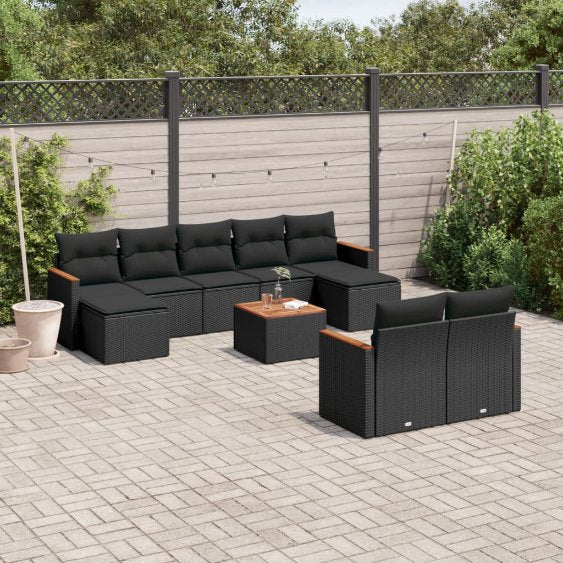 9-tlg. Garten-Sofagarnitur mit Kissen Schwarz Poly Rattan