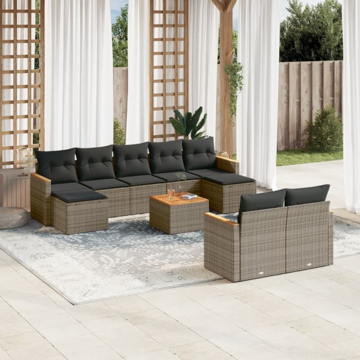 9-tlg. Garten-Sofagarnitur mit Kissen Schwarz Poly Rattan