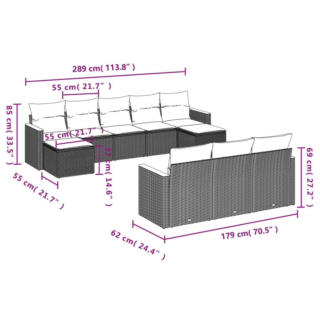 vidaXL 10-teiliges Gartensofa-Set mit Kissen, schwarzes Polyrattan