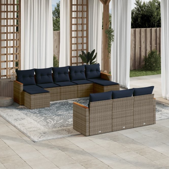 vidaXL 10-teiliges Gartensofa-Set mit Kissen, schwarzes Polyrattan