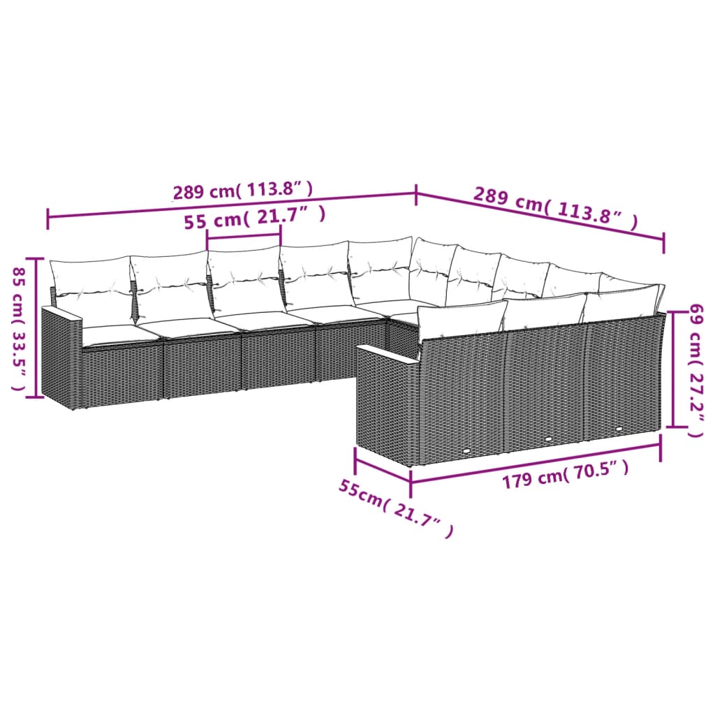 vidaXL 11-teiliges Gartensofa-Set mit Kissen, schwarzes Polyrattan