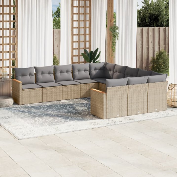 11-tlg. Garten-Sofagarnitur mit Kissen Schwarz Poly Rattan