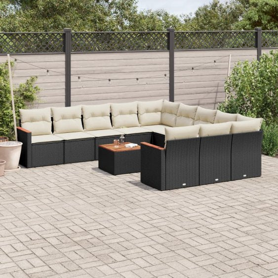 11-tlg. Garten-Sofagarnitur mit Kissen Schwarz Poly Rattan