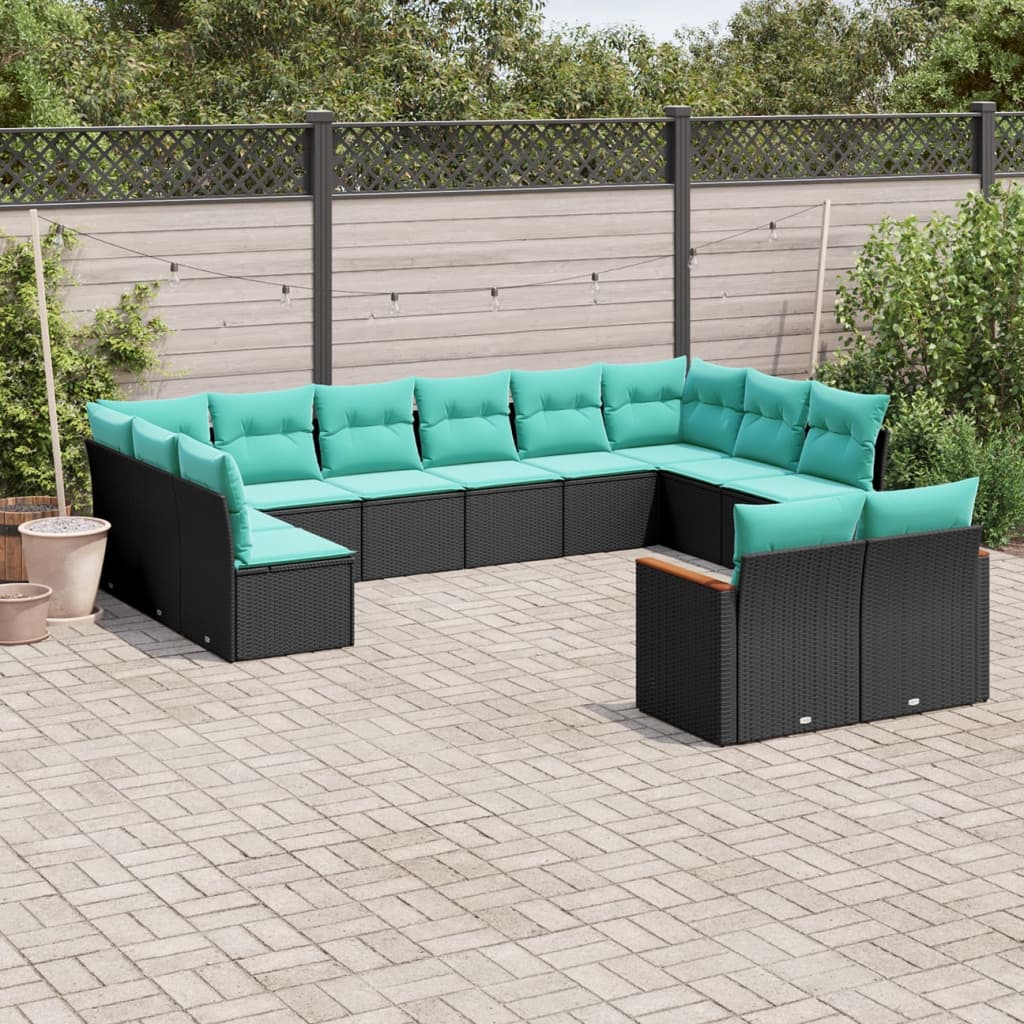 vidaXL 12-teiliges Gartensofa-Set mit Kissen, schwarzes Polyrattan