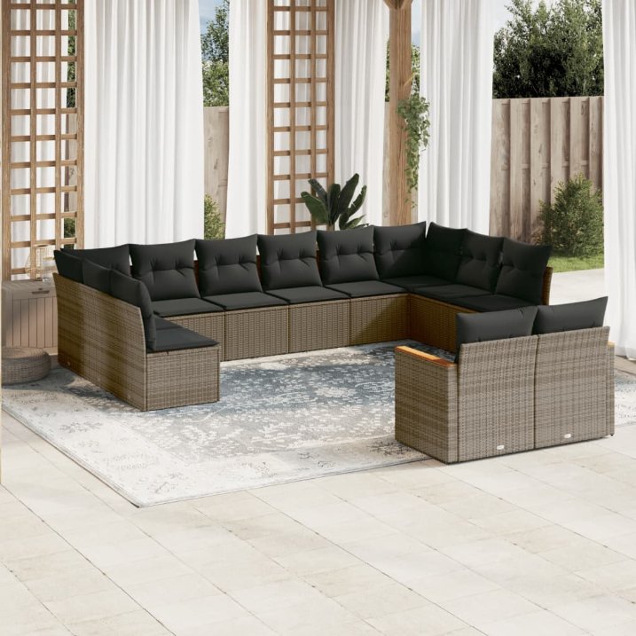 12-tlg. Garten-Sofagarnitur mit Kissen Schwarz Poly Rattan