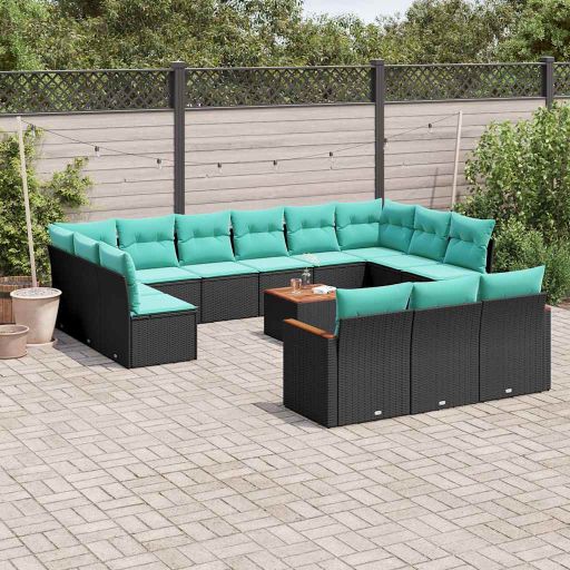 13-teiliges Gartensofa-Set mit Kissen, schwarzes Polyrattan