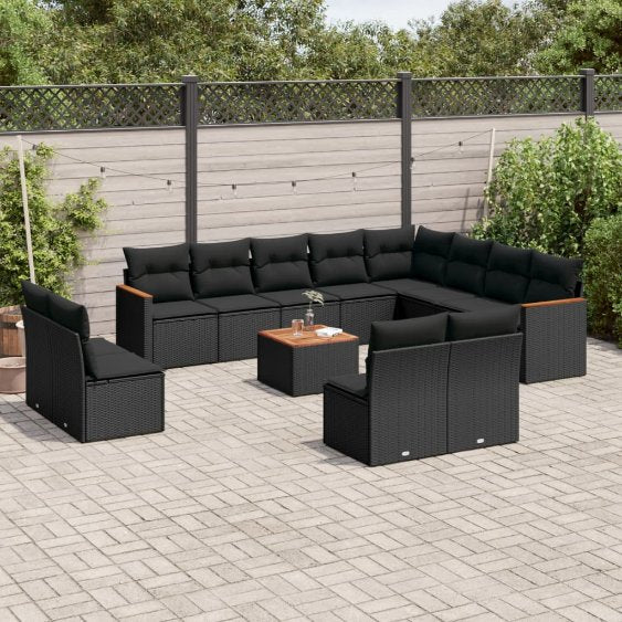 12-tlg. Garten-Sofagarnitur mit Kissen Schwarz Poly Rattan