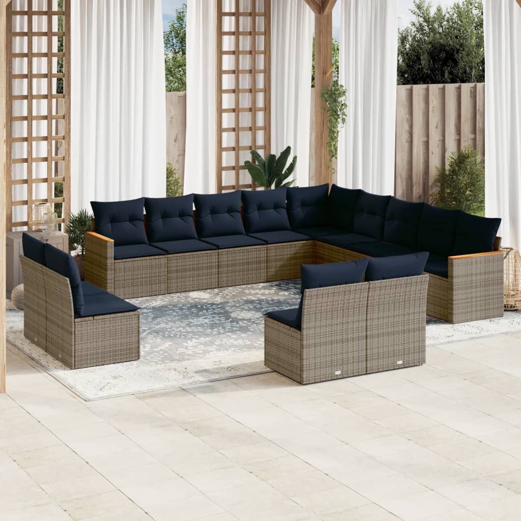 13-teiliges Gartensofa-Set mit Kissen, schwarzes Polyrattan