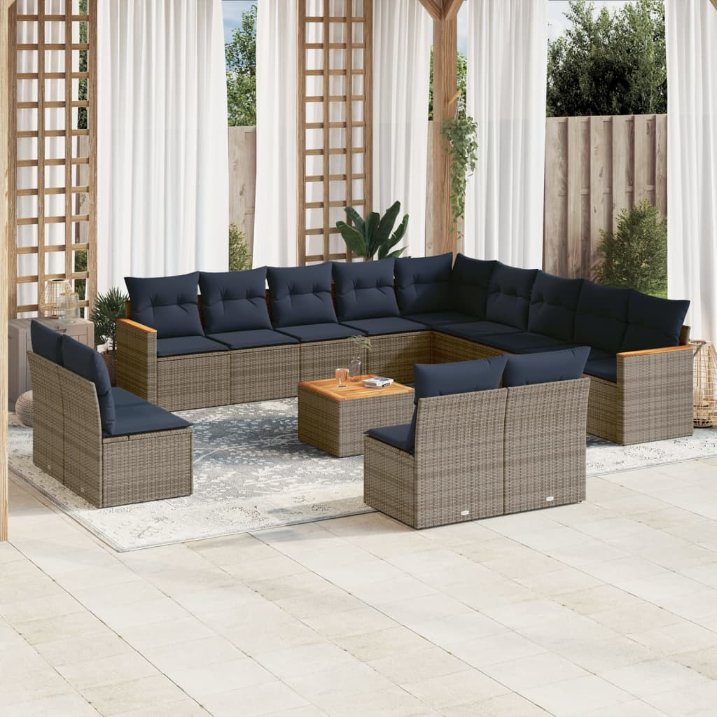 13-teiliges Gartensofa-Set mit Kissen, schwarzes Polyrattan