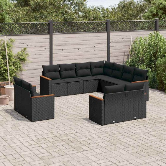 11-tlg. Garten-Sofagarnitur mit Kissen Schwarz Poly Rattan