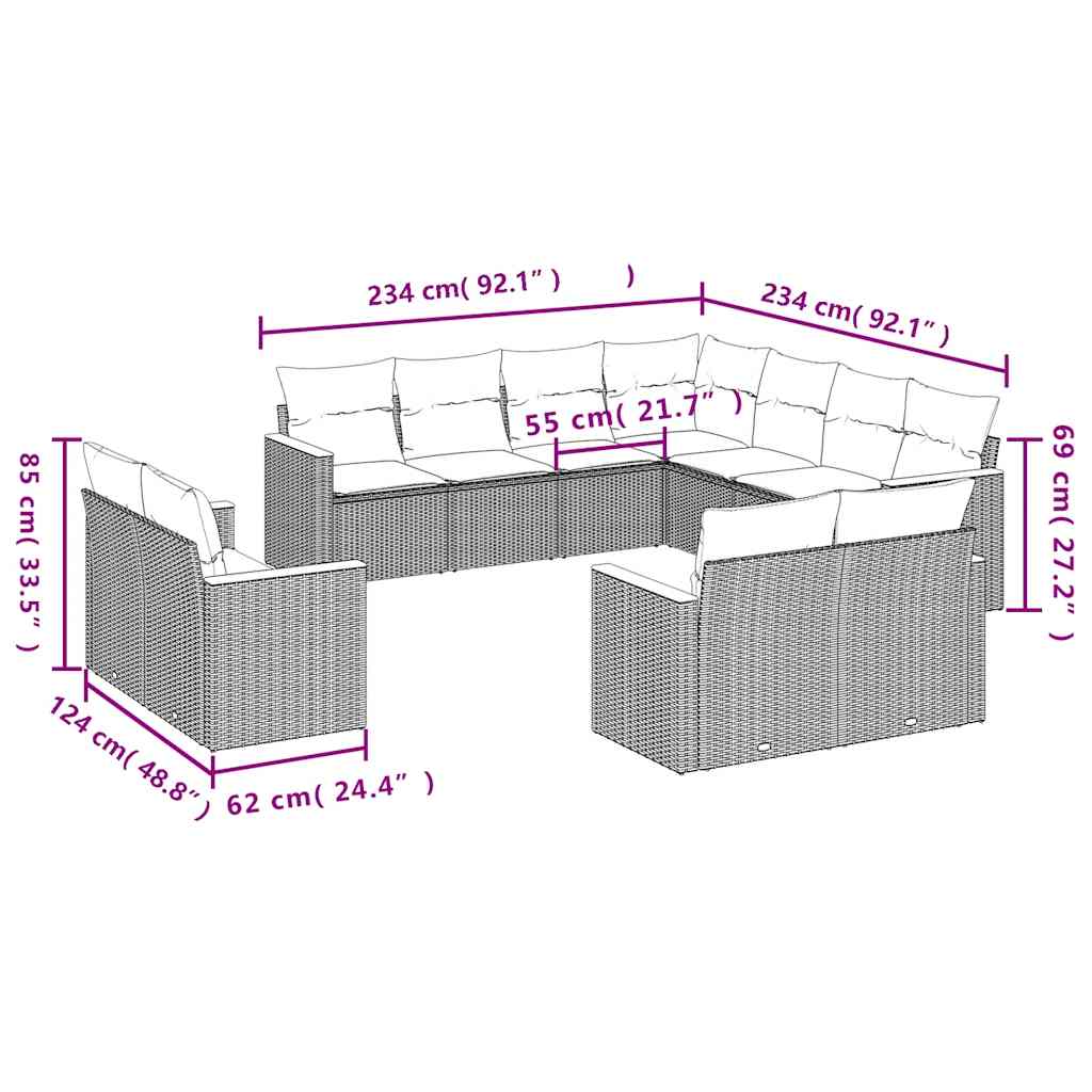 vidaXL 11-teiliges Gartensofa-Set mit Kissen, schwarzes Polyrattan