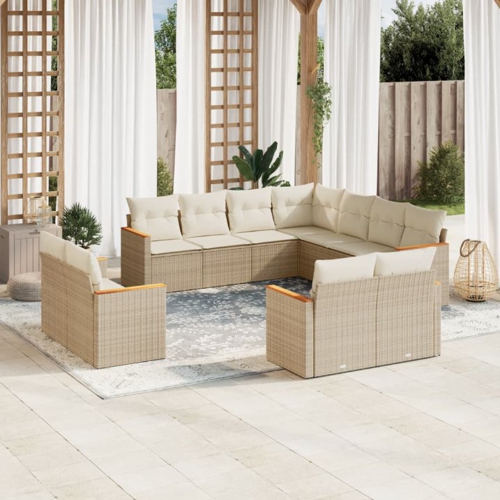 11-tlg. Garten-Sofagarnitur mit Kissen Schwarz Poly Rattan