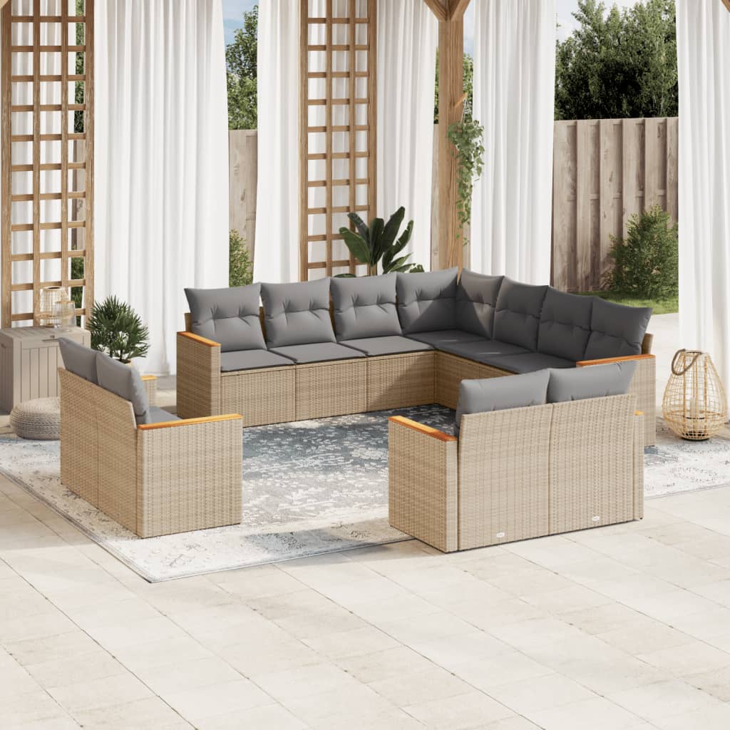 11-tlg. Garten-Sofagarnitur mit Kissen Schwarz Poly Rattan