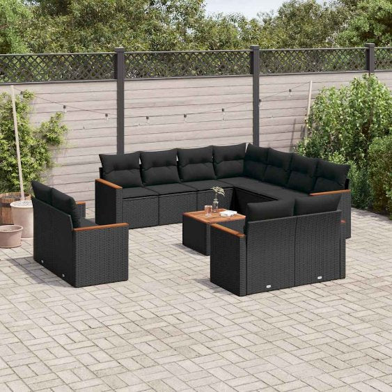 11-tlg. Garten-Sofagarnitur mit Kissen Schwarz Poly Rattan