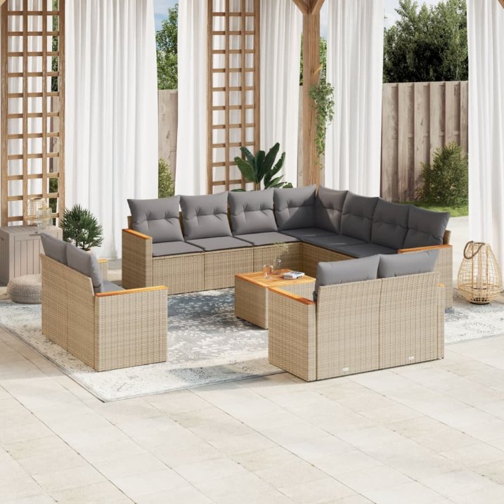 11-tlg. Garten-Sofagarnitur mit Kissen Schwarz Poly Rattan