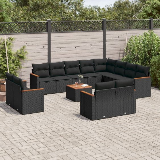 12-tlg. Garten-Sofagarnitur mit Kissen Schwarz Poly Rattan